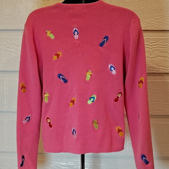 CAROLE LITTLE WOMENS MEDIUM EMBROIDERED PINK FLIP FLOP CARDIGAN 100% COTTON - Picture 4 of 7